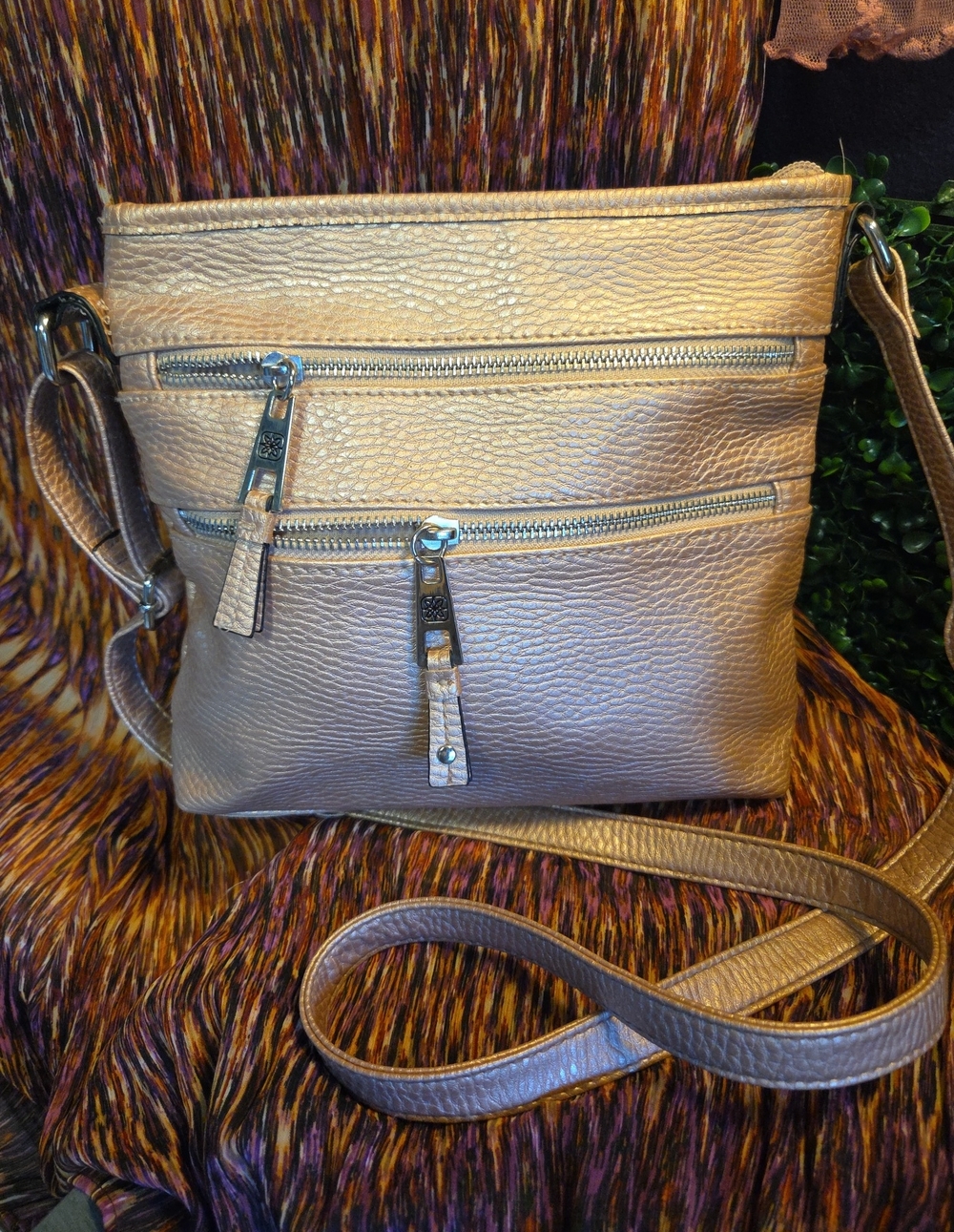 Metallic Blush Pink Crossbody Bag with Dual Zip Pockets